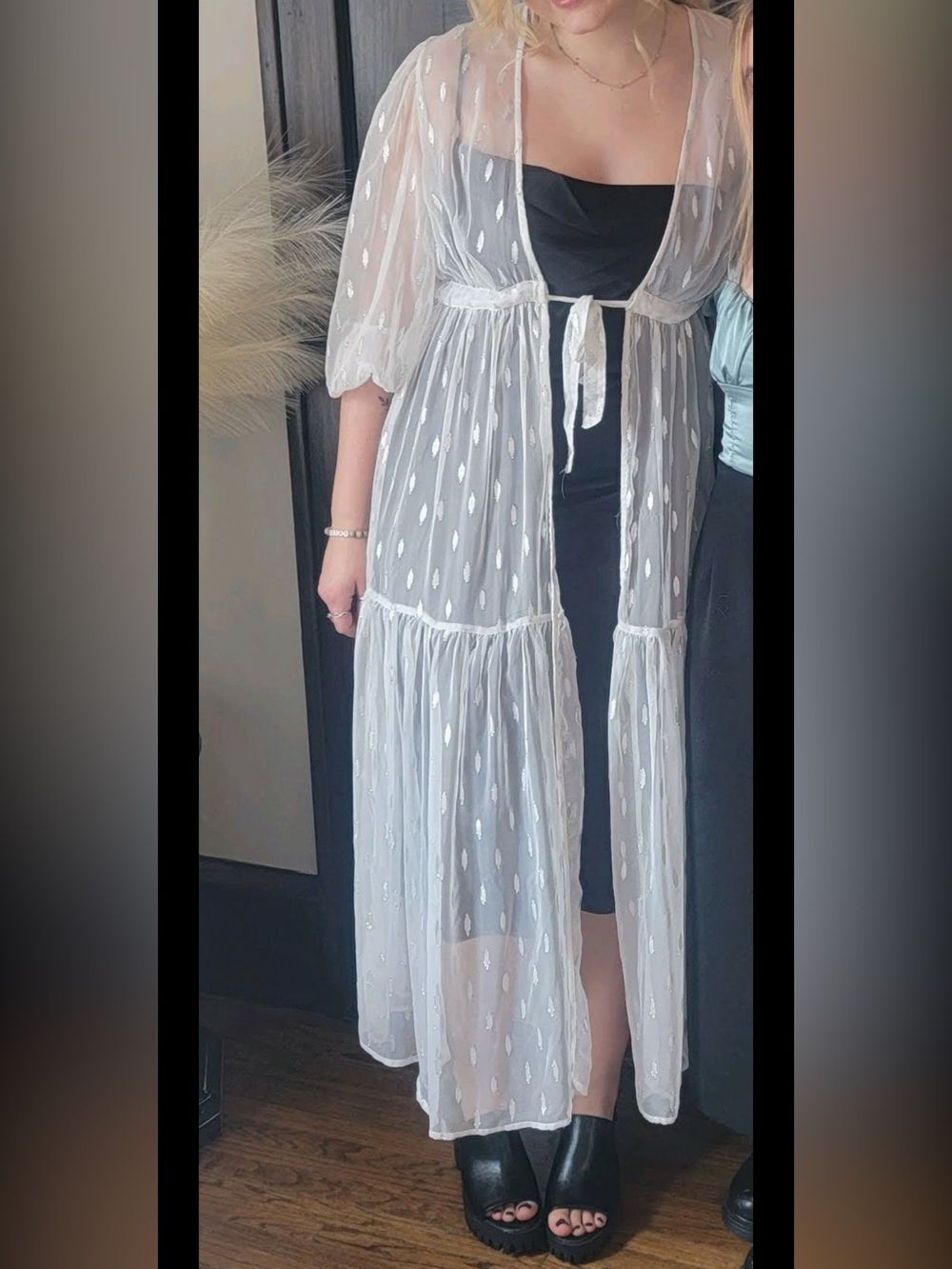 Express Ivory Sheer Blouse/Robe with Silver Metallic Feather Accents
